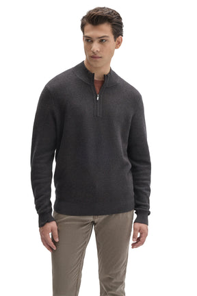 Men's dark charcoal quarter-zip knit long-sleeve sweater, front view with ribbed mock neck and hem by Robert Barakett