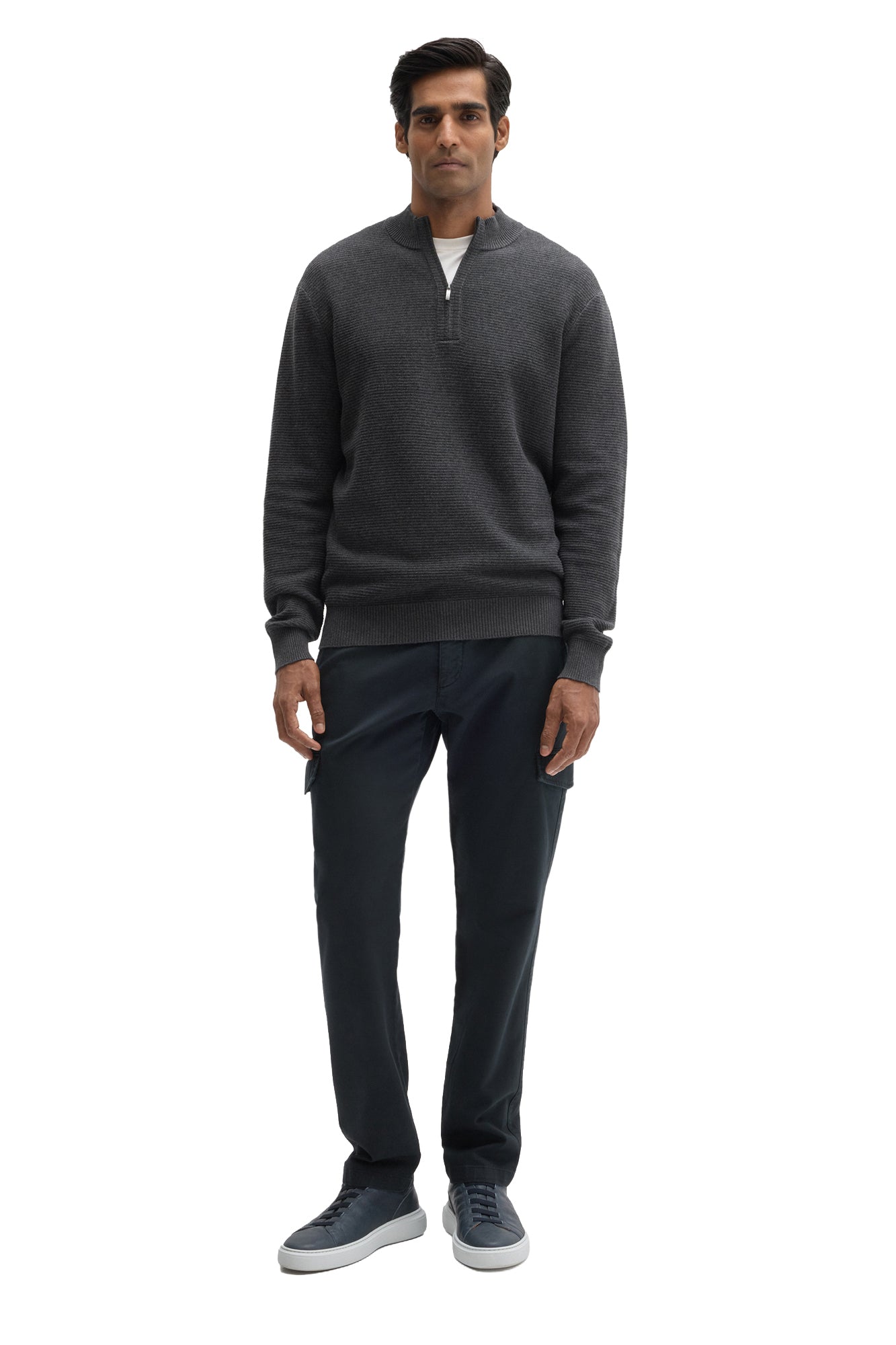 Men's full-length front view of charcoal textured knit half-zip long-sleeve knit sweater worn by Robert Barakett