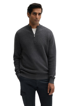 Front view of men's charcoal textured knit half-zip long-sleeve knit sweater with ribbed collar and cuffs by Robert Barakett