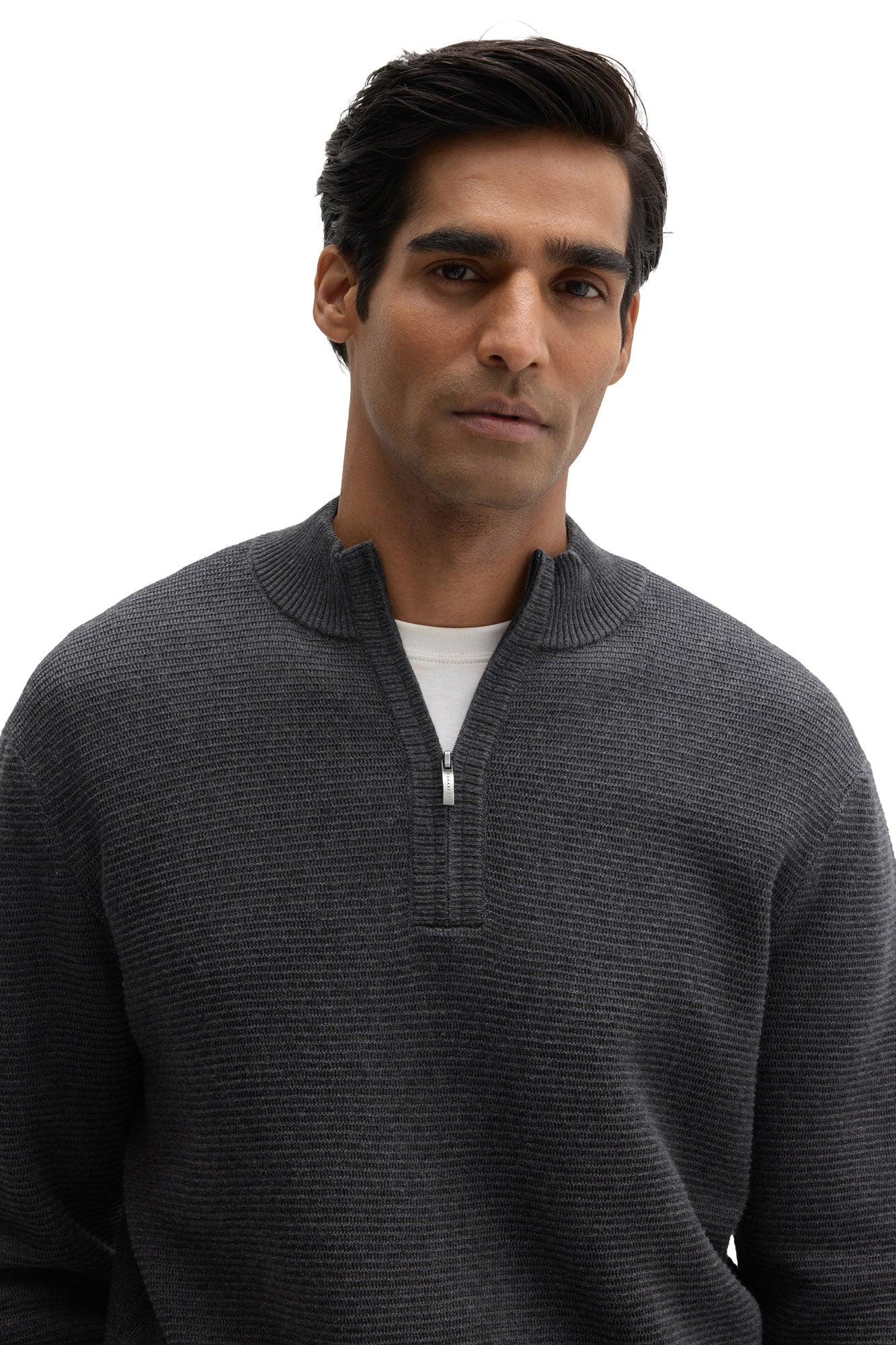 Robert Barakett men's close front view of charcoal textured knit half-zip long-sleeve knit sweater with ribbed stand collar