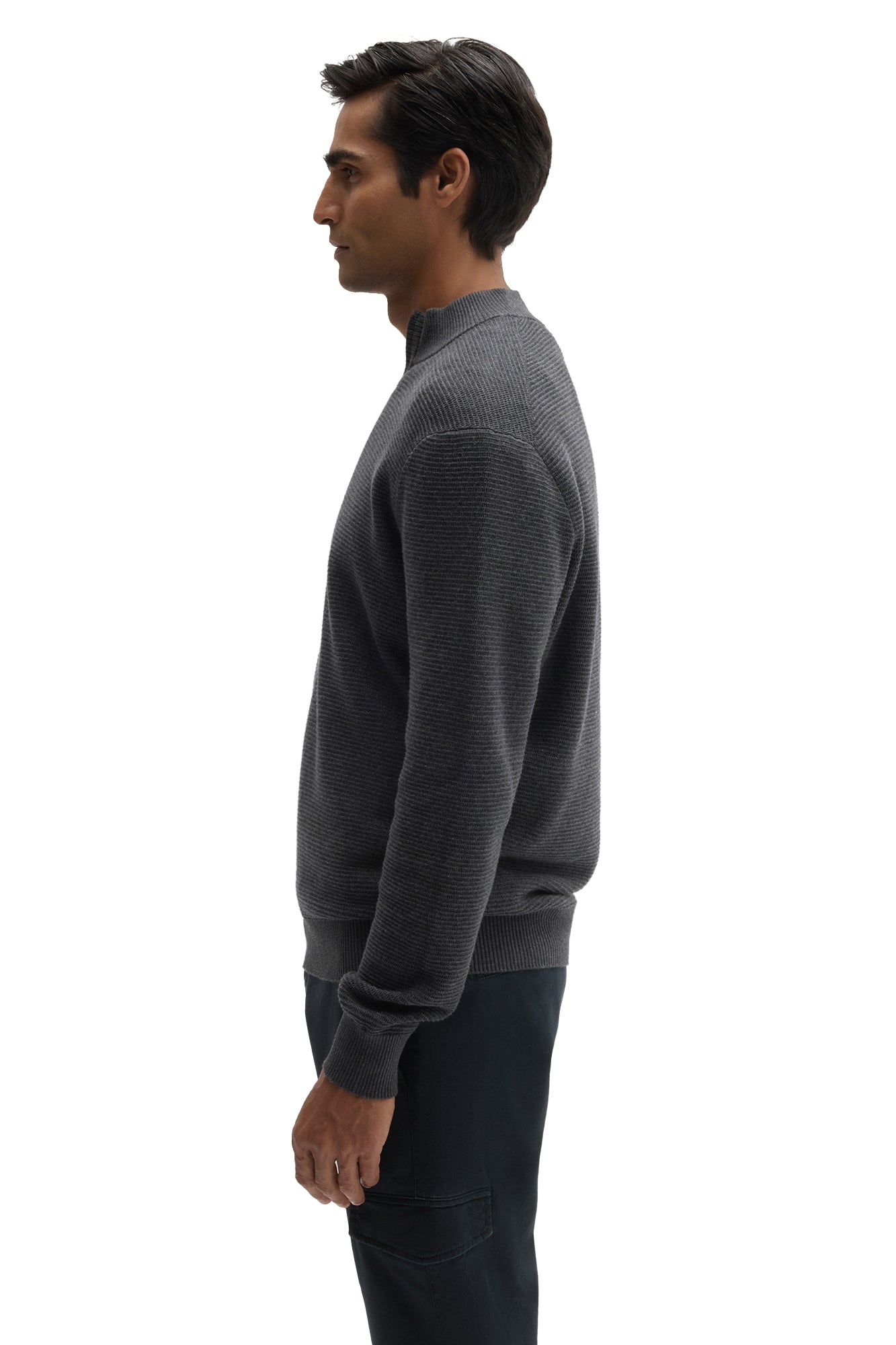 Robert Barakett men's charcoal textured knit half-zip long-sleeve knit sweater with ribbed collar, cuff, and hem, side view