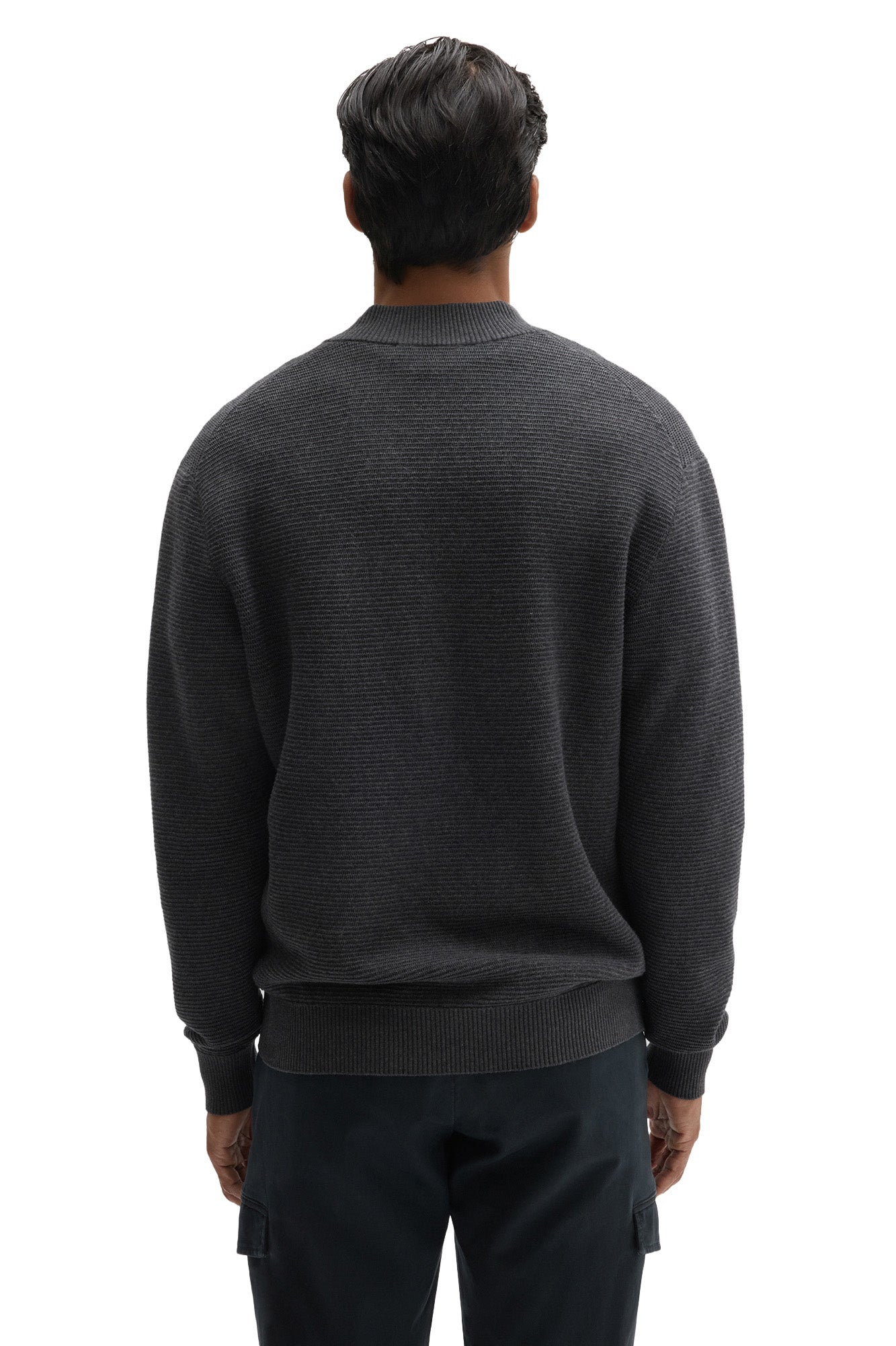 Robert Barakett men's charcoal textured knit long-sleeve knit sweater with ribbed stand collar, cuffs, and hem, back view