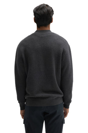 Robert Barakett men's charcoal textured knit long-sleeve knit sweater with ribbed stand collar, cuffs, and hem, back view
