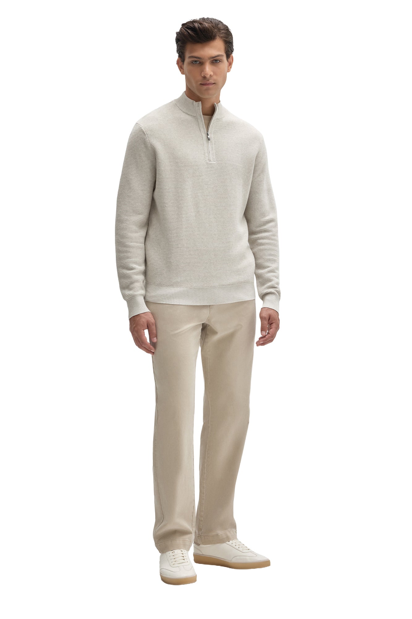 Robert Barakett men's off-white half-zip knit long-sleeve knit sweater with ribbed collar and cuffs, front waist-up view