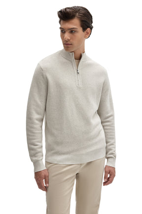 Robert Barakett men's off-white half-zip knit long-sleeve knit sweater with ribbed collar and cuffs, front waist-up view