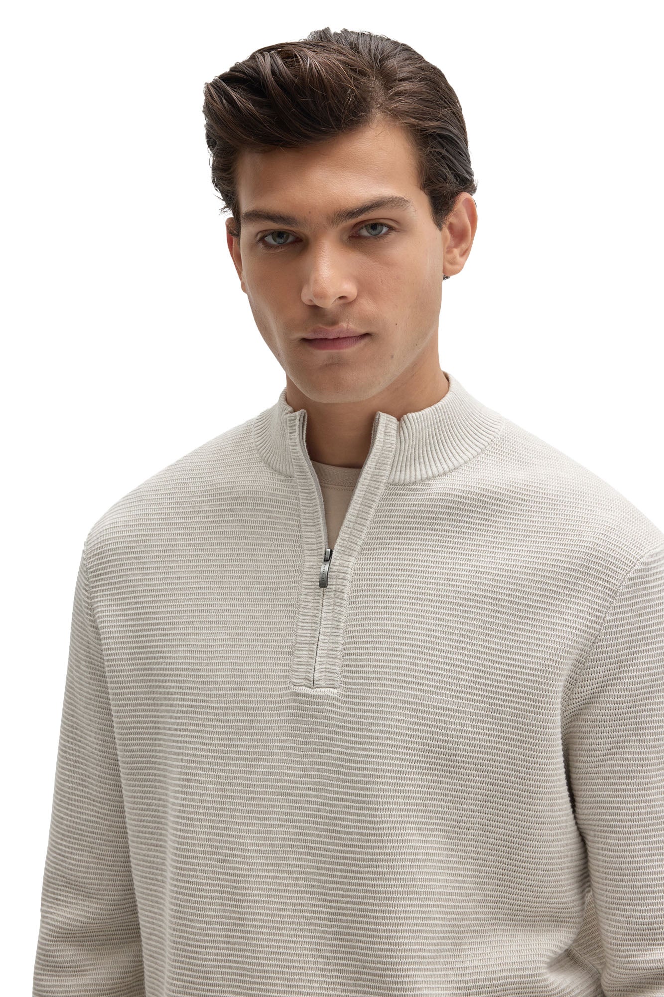 Robert Barakett men's close front detail of an off-white half-zip knit long-sleeve knit sweater with ribbed stand collar
