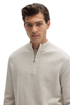 Robert Barakett men's close front detail of an off-white half-zip knit long-sleeve knit sweater with ribbed stand collar
