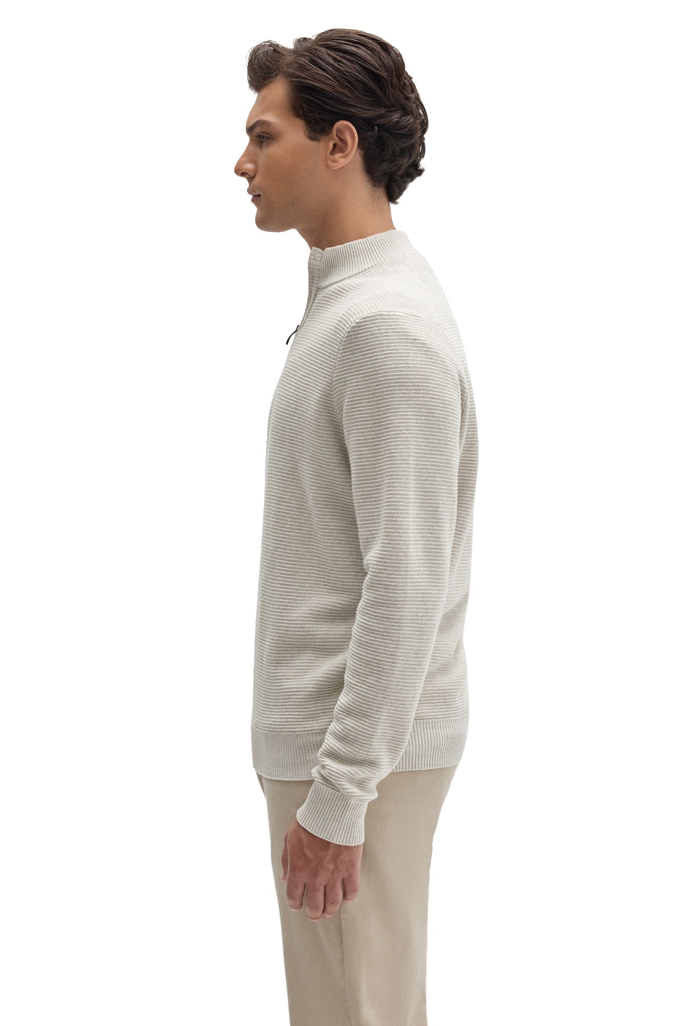 Robert Barakett men's off-white half-zip knit long-sleeve knit sweater showing ribbed hem, side view