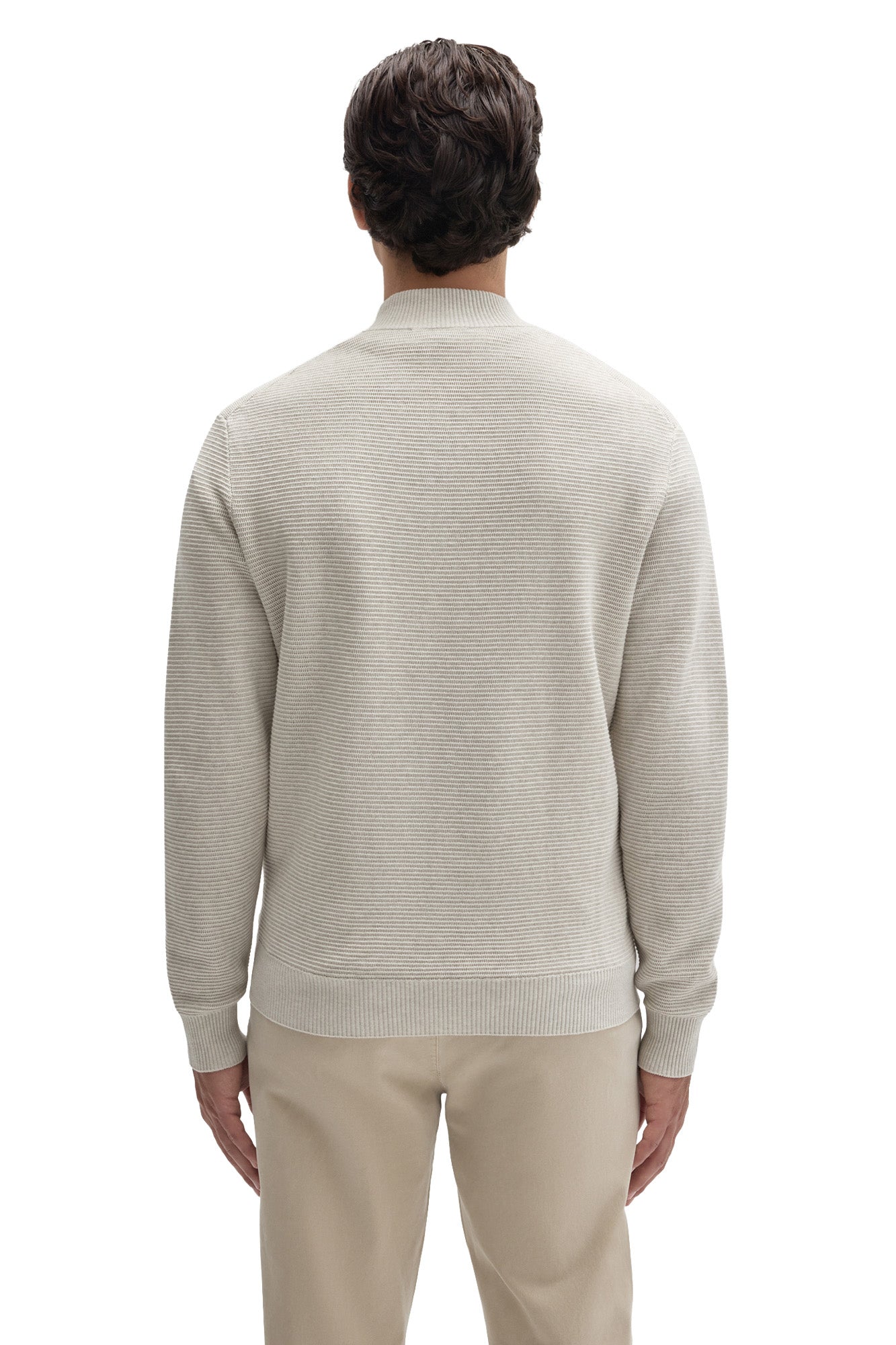 Robert Barakett men's off-white textured knit long-sleeve knit sweater with ribbed stand collar, cuffs, and hem, back view
