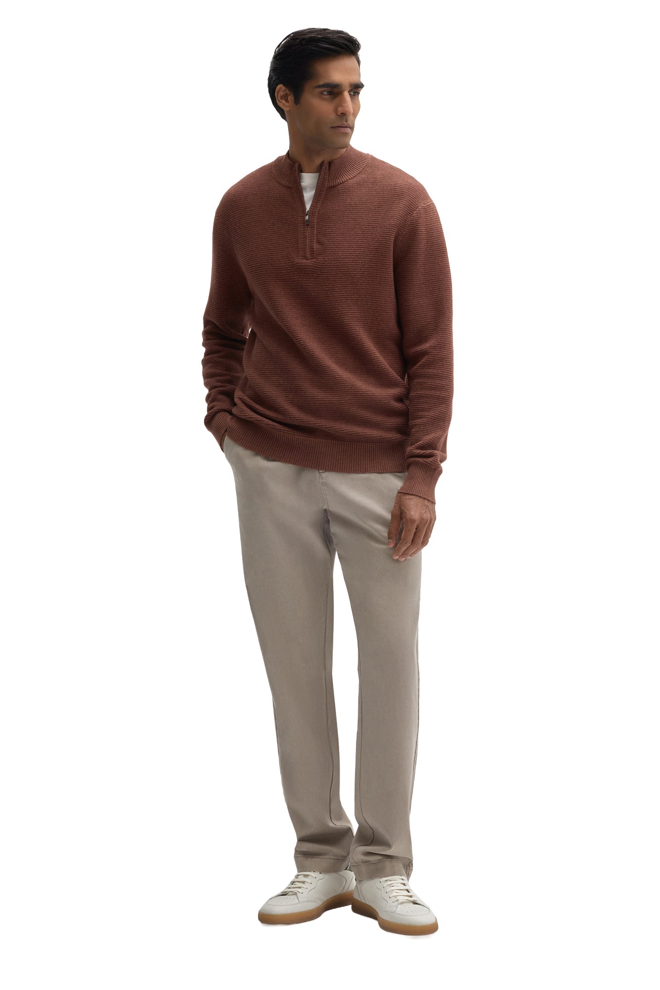 Men's full-body front view of a rust brown quarter-zip knit long-sleeve knit sweater with ribbed hem by Robert Barakett