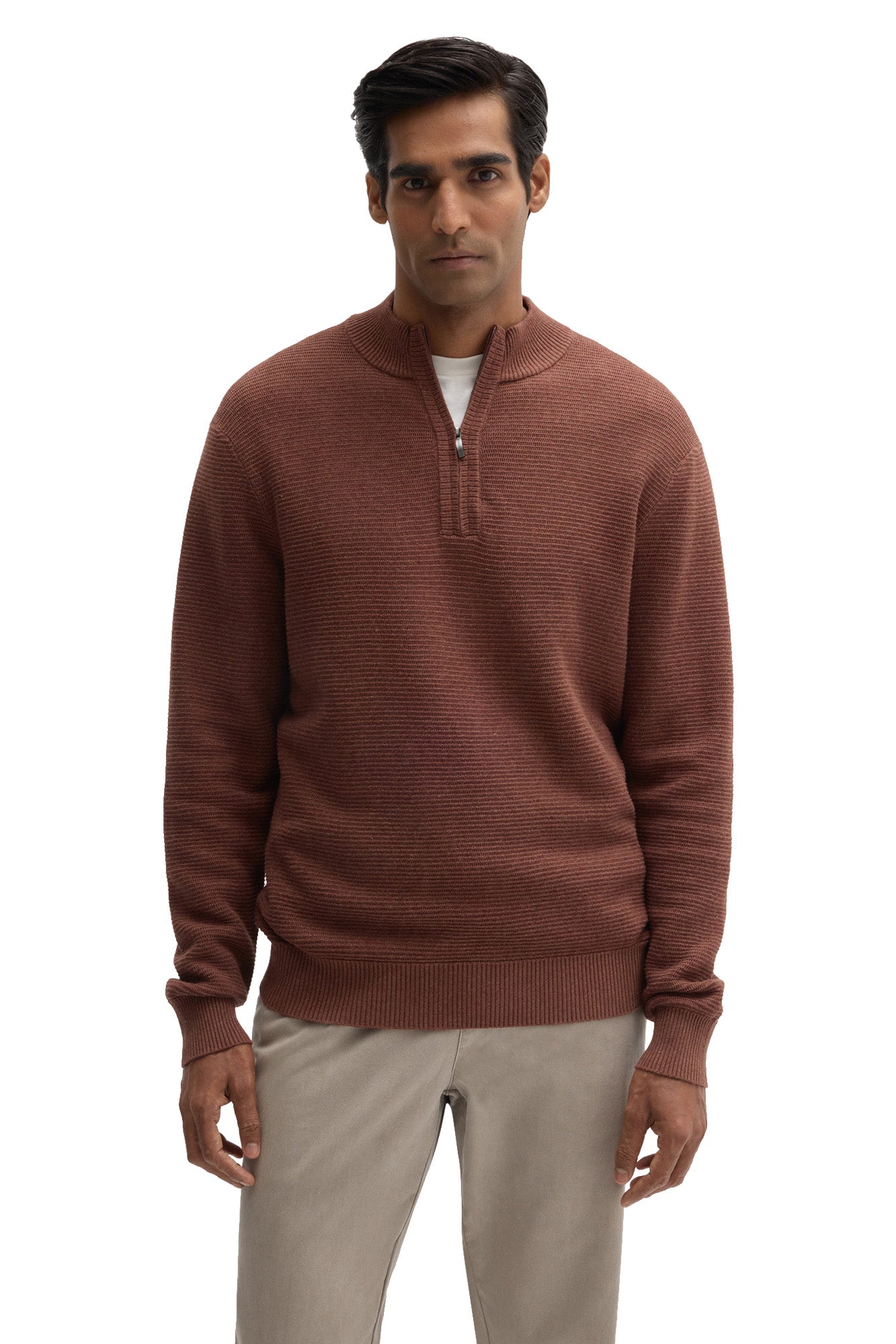 Robert Barakett men's rust brown quarter-zip knit long-sleeve knit sweater with stand collar and ribbed hem, front view