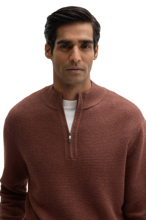 Robert Barakett men's close front detail of a rust brown textured knit long-sleeve knit sweater with ribbed stand collar