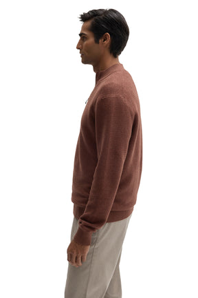 Robert Barakett men's rust brown quarter-zip knit long-sleeve knit sweater showing textured knit and ribbed cuff, side view