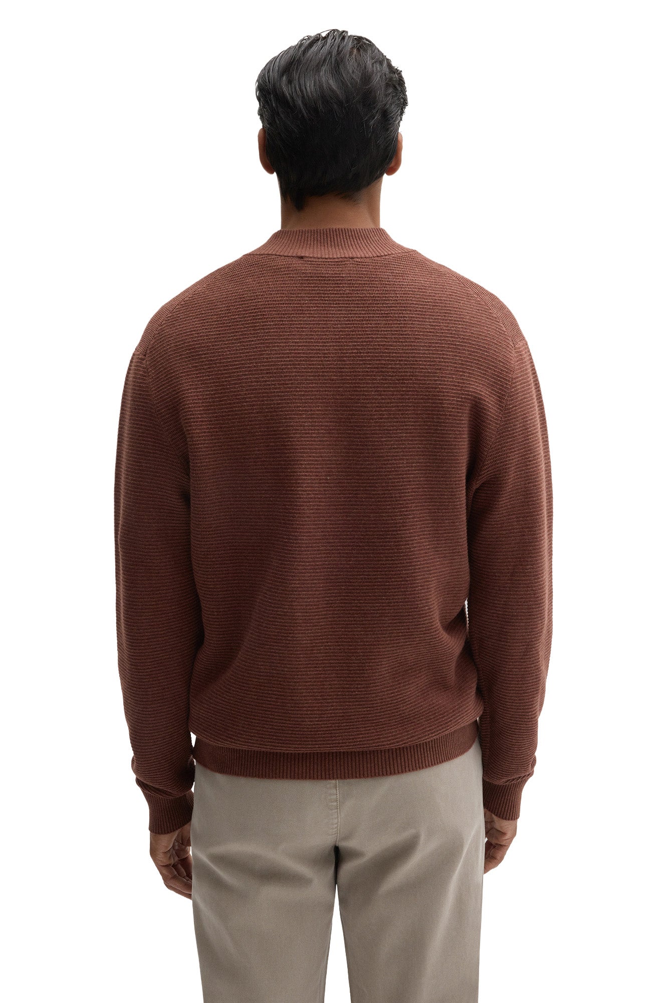 Robert Barakett men's rust brown textured knit long-sleeve knit sweater with ribbed collar, cuffs, and bottom hem, back view