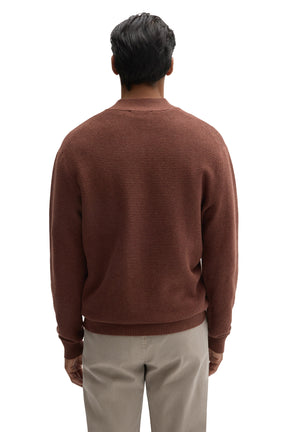 Robert Barakett men's rust brown textured knit long-sleeve knit sweater with ribbed collar, cuffs, and bottom hem, back view
