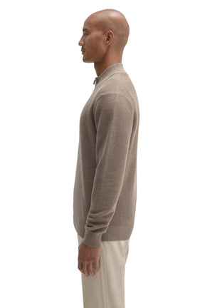 Robert Barakett men's taupe textured knit long-sleeve knit sweater showing ribbed mock neck, cuff, and hem, side view