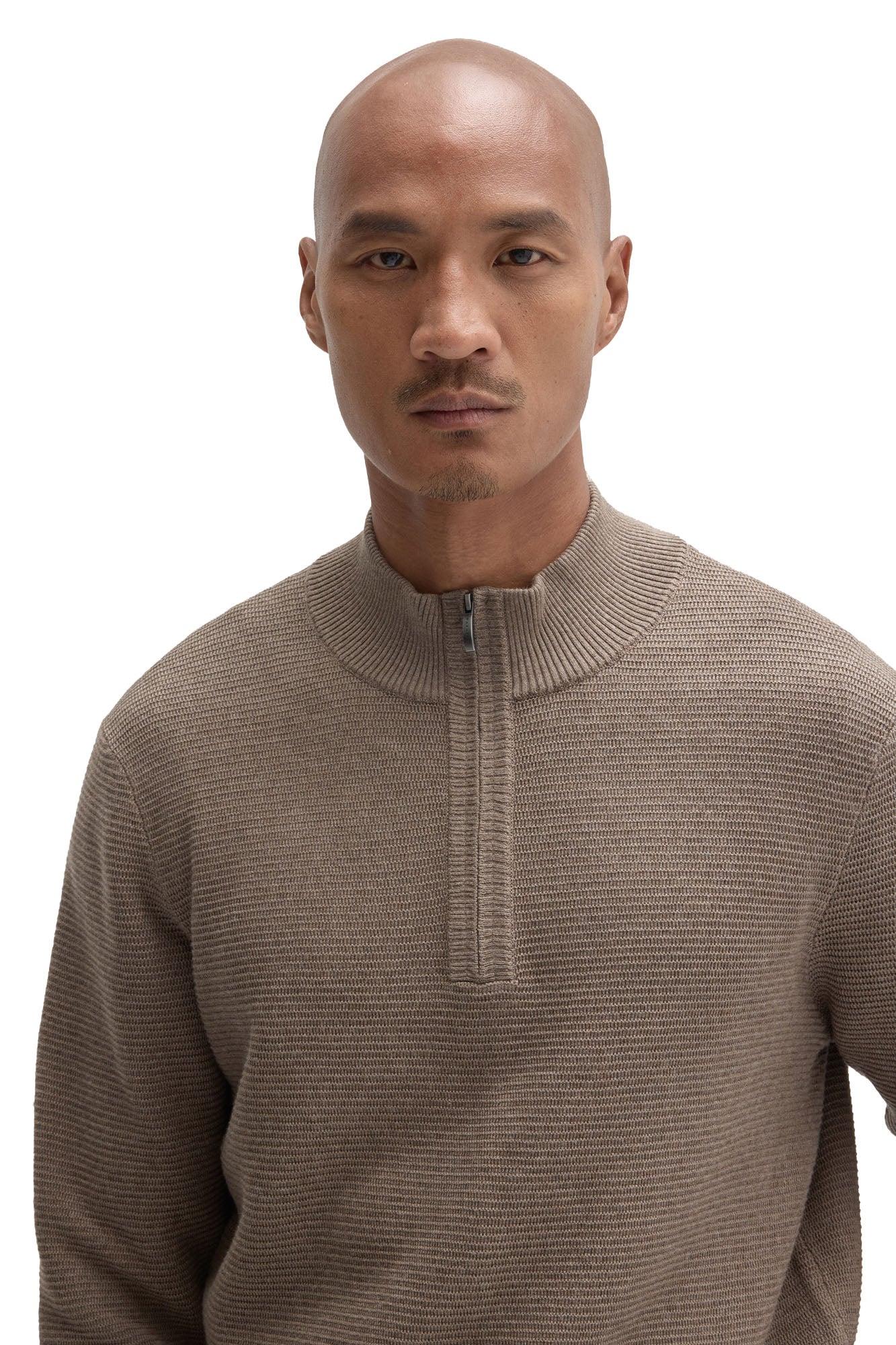 Men's close front view of taupe quarter-zip knit long-sleeve knit sweater with ribbed mock neck by Robert Barakett