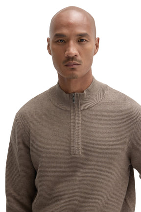 Men's close front view of taupe quarter-zip knit long-sleeve knit sweater with ribbed mock neck by Robert Barakett