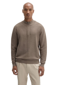 Robert Barakett men's taupe quarter-zip knit long-sleeve knit sweater with ribbed mock neck, cuffs, and hem, front view