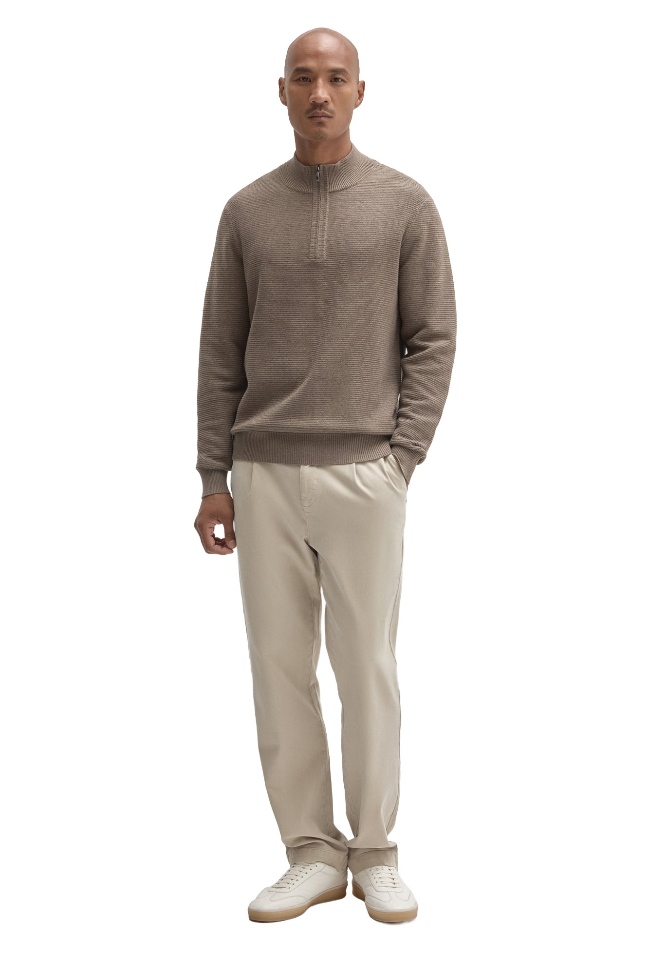 Robert Barakett men's full-length front view of taupe quarter-zip knit long-sleeve knit sweater styled with light pants