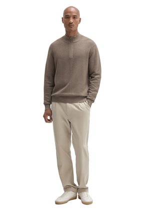 Robert Barakett men's full-length front view of taupe quarter-zip knit long-sleeve knit sweater styled with light pants
