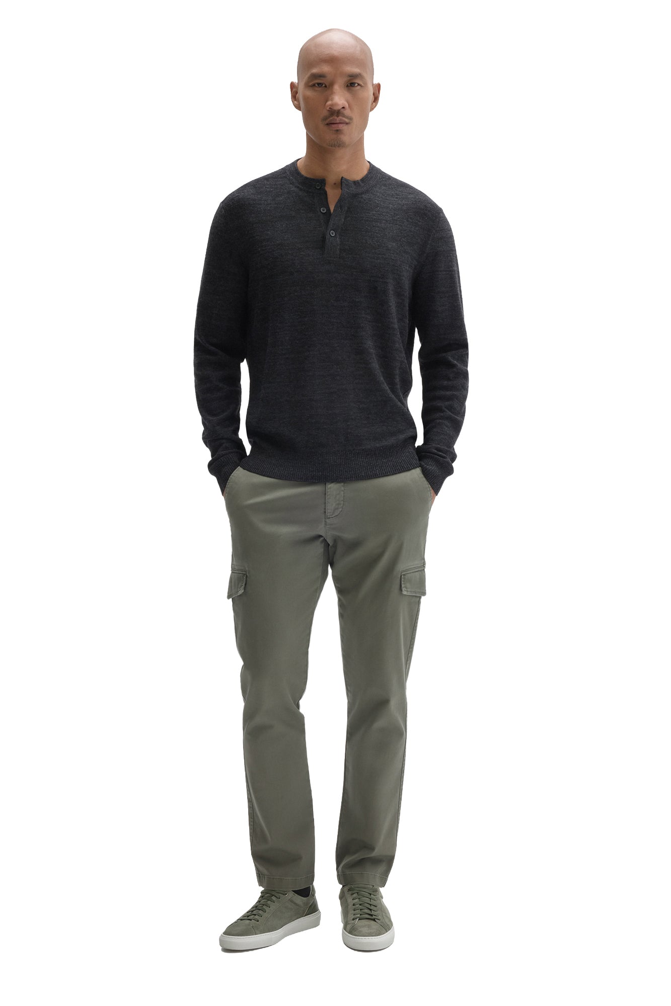 Men's full front view of dark charcoal henley long-sleeve knit sweater styled with olive cargo pants by Robert Barakett