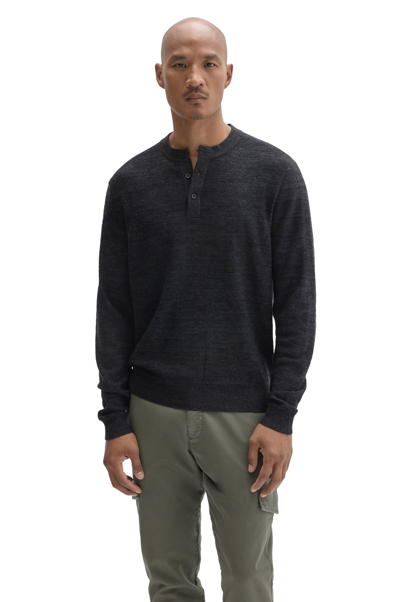 Robert Barakett men's dark charcoal henley long-sleeve knit sweater with rib hem and short button placket, front view
