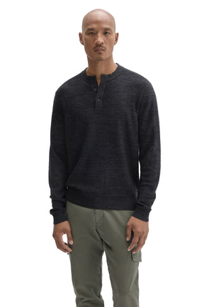 Robert Barakett men's dark charcoal henley long-sleeve knit sweater with rib hem and short button placket, front view