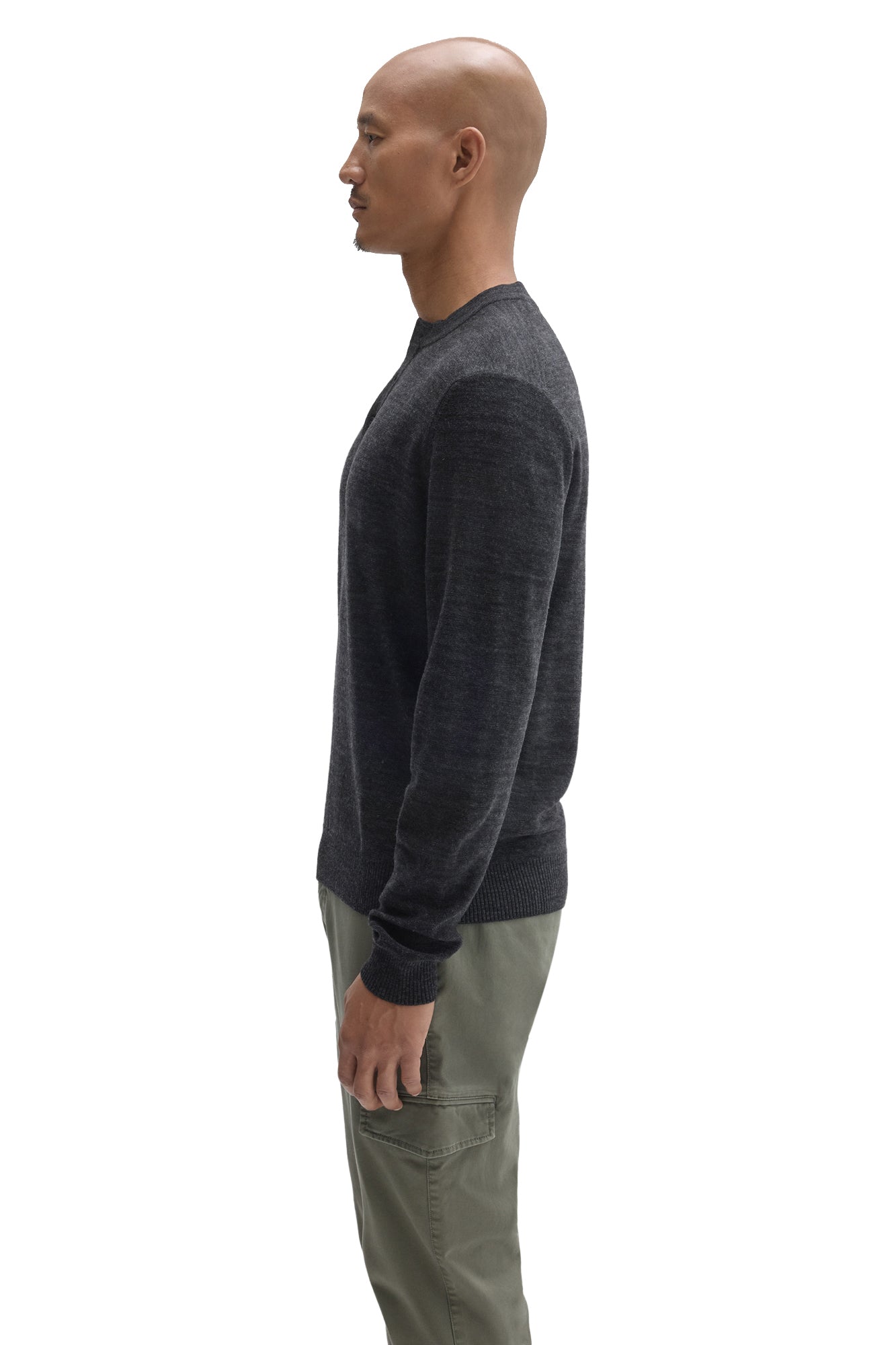 Robert Barakett men's dark charcoal henley long-sleeve knit sweater with ribbed hem and cuffs, side view