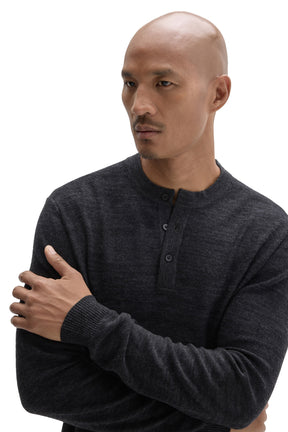 Robert Barakett men's dark charcoal henley long-sleeve knit sweater neckline, button placket, and ribbed cuff, close view