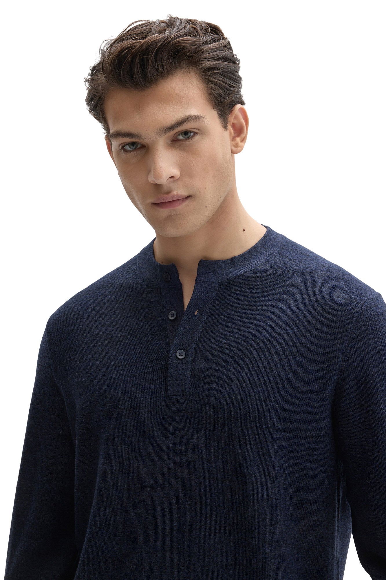 Robert Barakett men's close front detail of navy henley knit long-sleeve knit sweater with collarless neckline and buttons