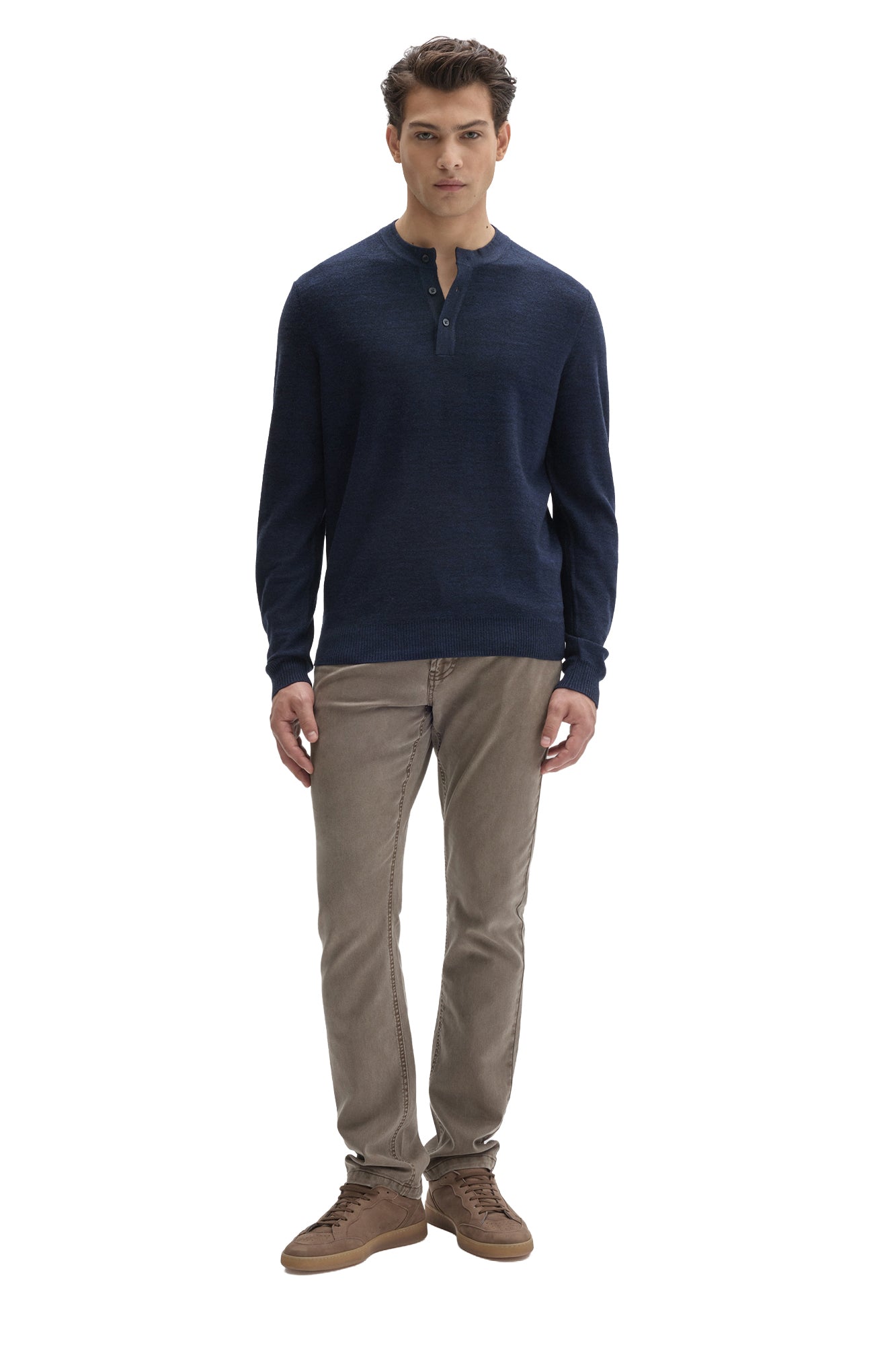 Robert Barakett men's full front model view of navy henley knit long-sleeve knit sweater with three-button placket