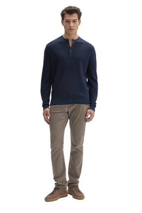 Robert Barakett men's full front model view of navy henley knit long-sleeve knit sweater with three-button placket