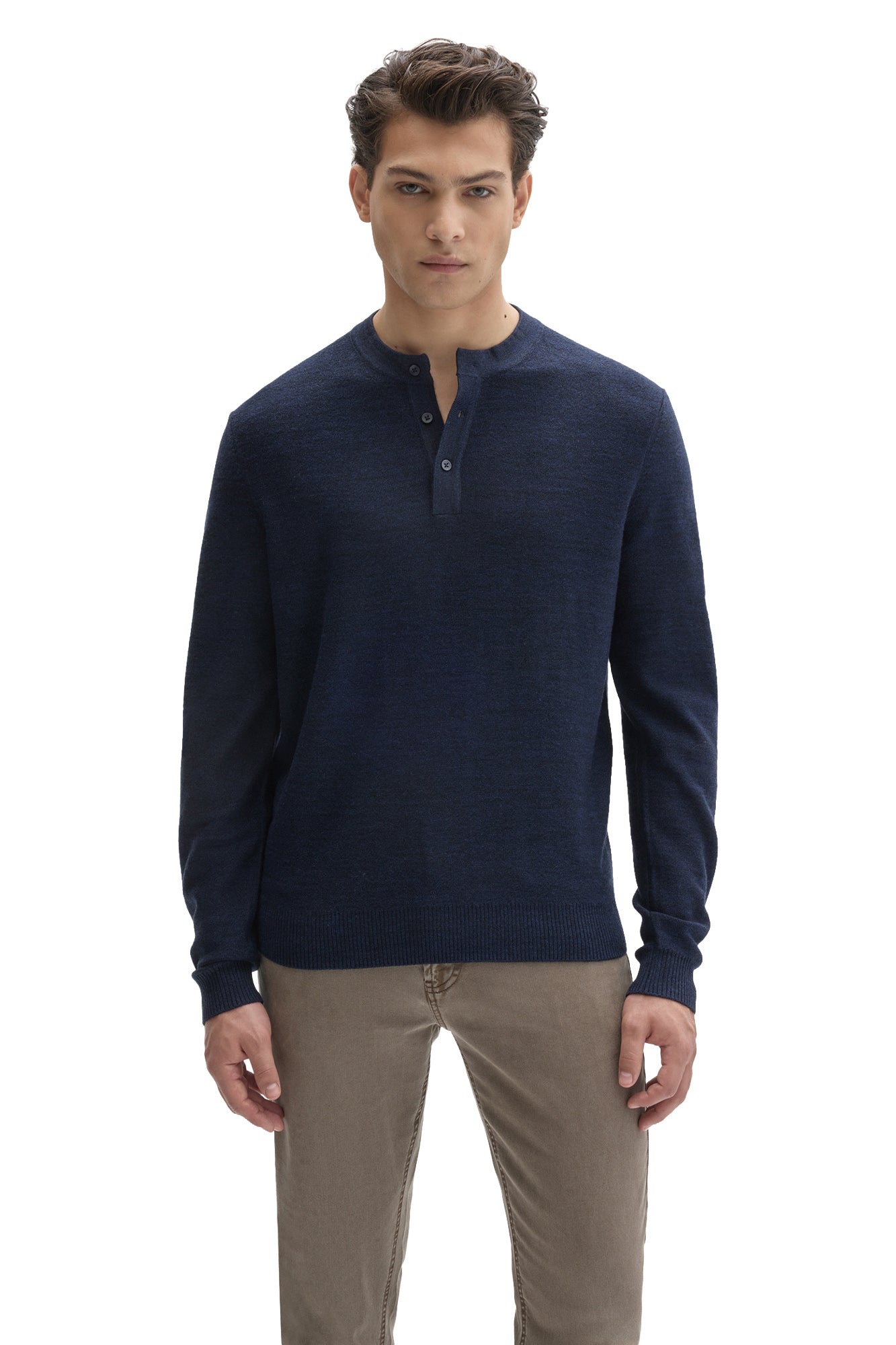 Robert Barakett men's navy long sleeve henley knit sweater with ribbed cuffs and hem shown from the front