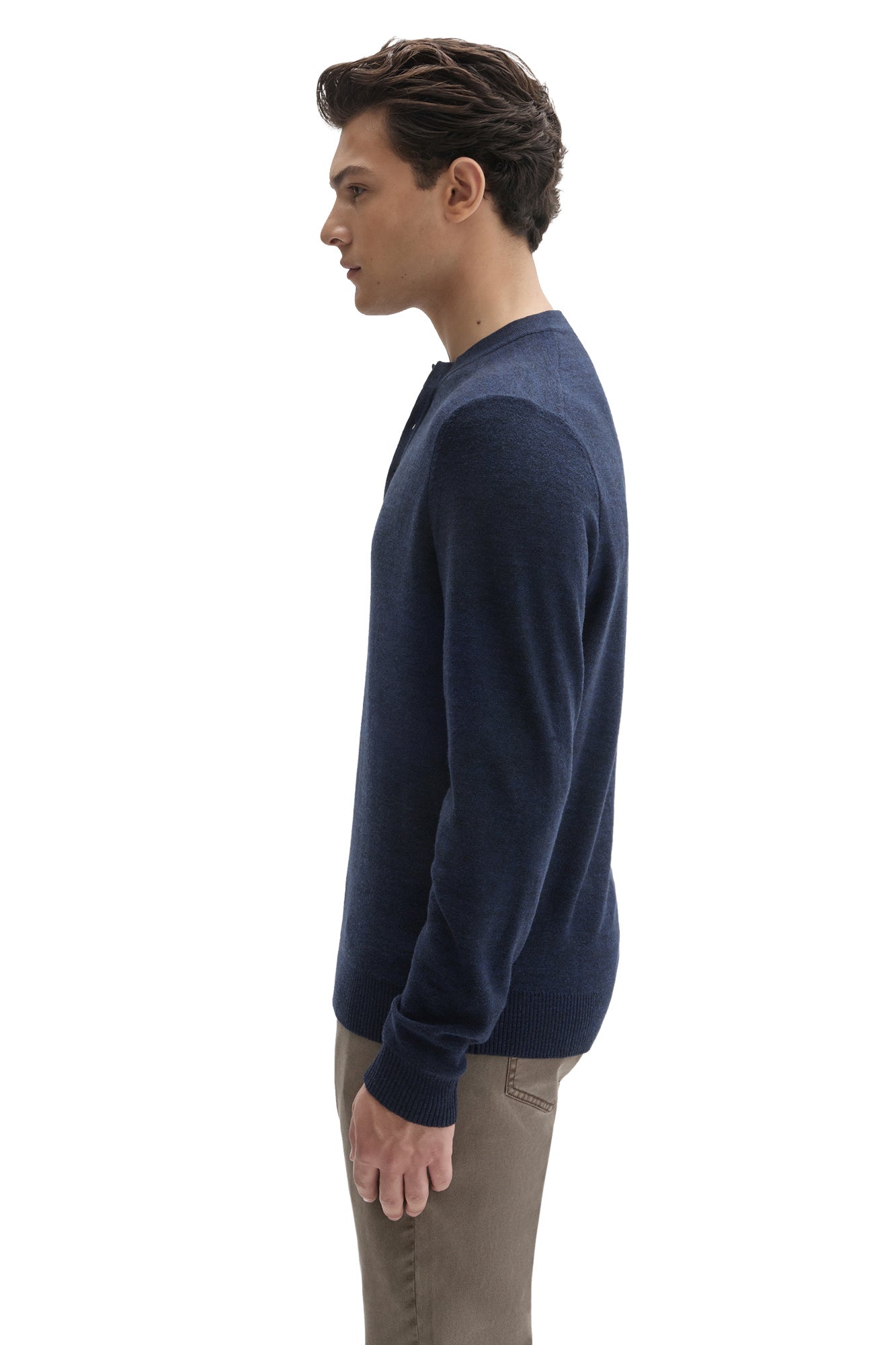 Robert Barakett men's navy long sleeve henley knit sweater showing straight body and ribbed hem, side view