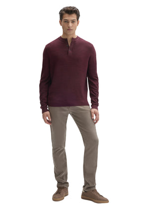 Robert Barakett men's full front view of burgundy long sleeve henley knit sweater styled with neutral pants