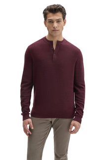 Front view of men's burgundy long sleeve henley knit sweater with ribbed cuffs and hem by Robert Barakett
