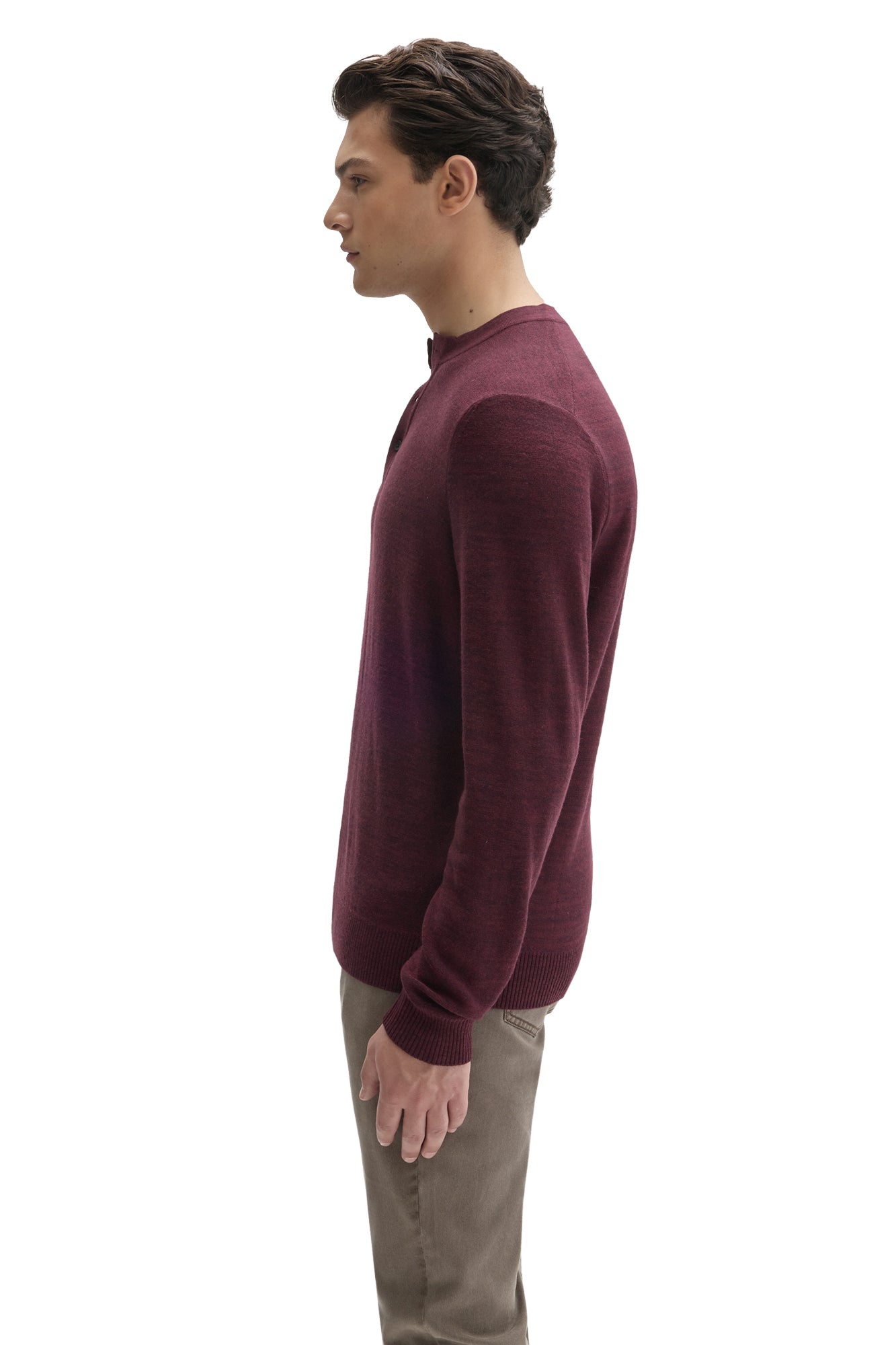 Robert Barakett men's burgundy long sleeve henley knit sweater with ribbed cuff and hem, side view