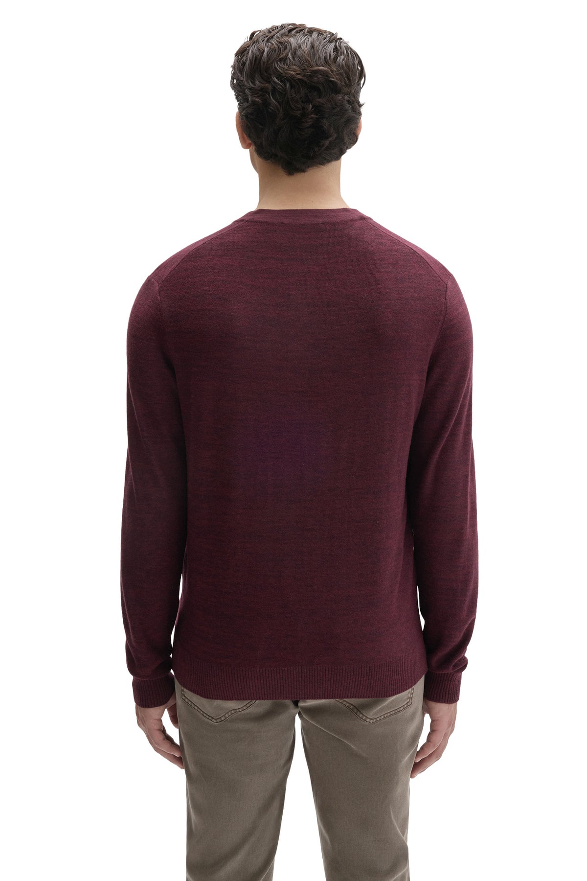 Robert Barakett men's burgundy long sleeve knit sweater with ribbed cuffs and bottom hem shown from the back