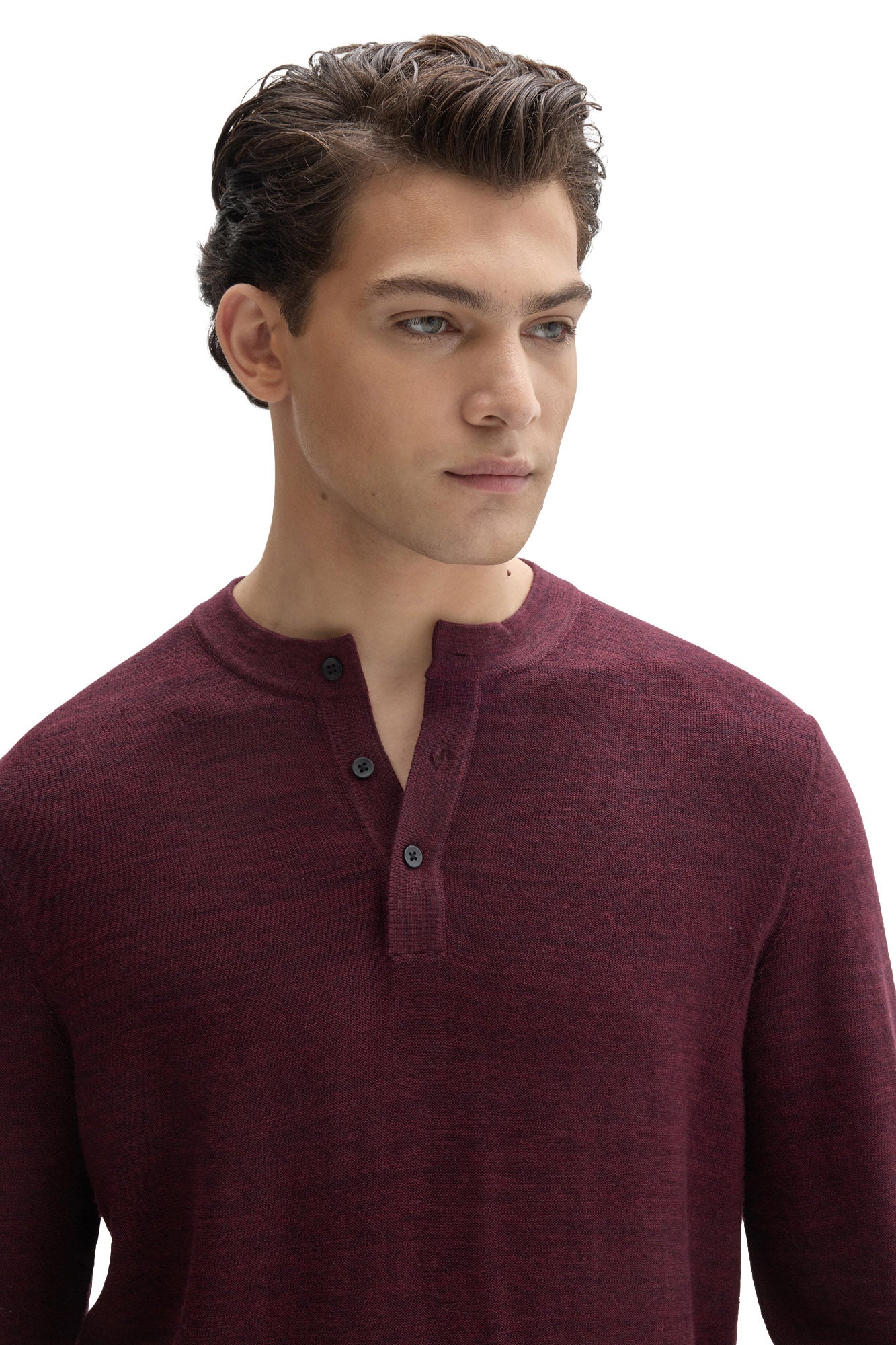 Robert Barakett men's burgundy henley knit long-sleeve knit sweater neckline with black button placket, close view