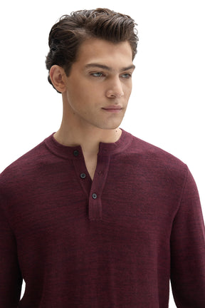 Robert Barakett men's burgundy henley knit long-sleeve knit sweater neckline with black button placket, close view