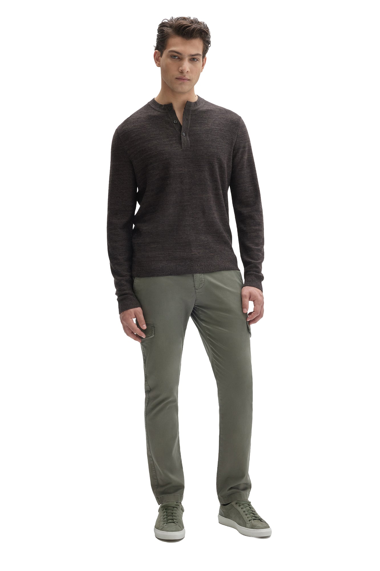 Men's full front model view of dark brown long sleeve Henley sweater with ribbed cuffs and hem by Robert Barakett
