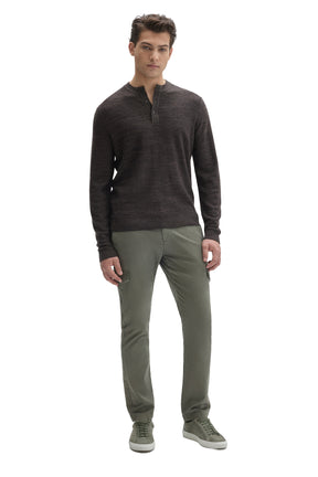 Men's full front model view of dark brown long sleeve Henley sweater with ribbed cuffs and hem by Robert Barakett