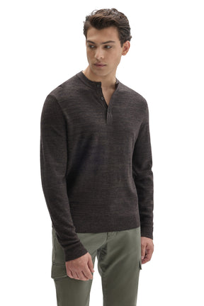 Front view of men's dark brown long sleeve Henley sweater with button placket and ribbed hem by Robert Barakett