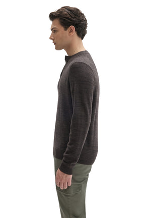 Robert Barakett men's dark brown long sleeve Henley sweater with ribbed cuff and hem on model, side view