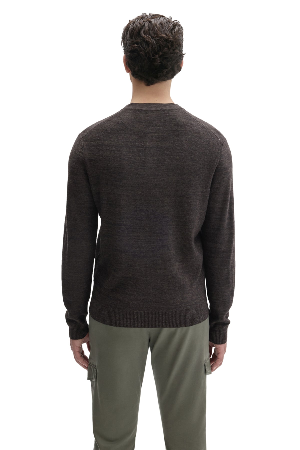 Robert Barakett men's dark brown knit long-sleeve henley sweater with ribbed hem and cuffs shown from the back