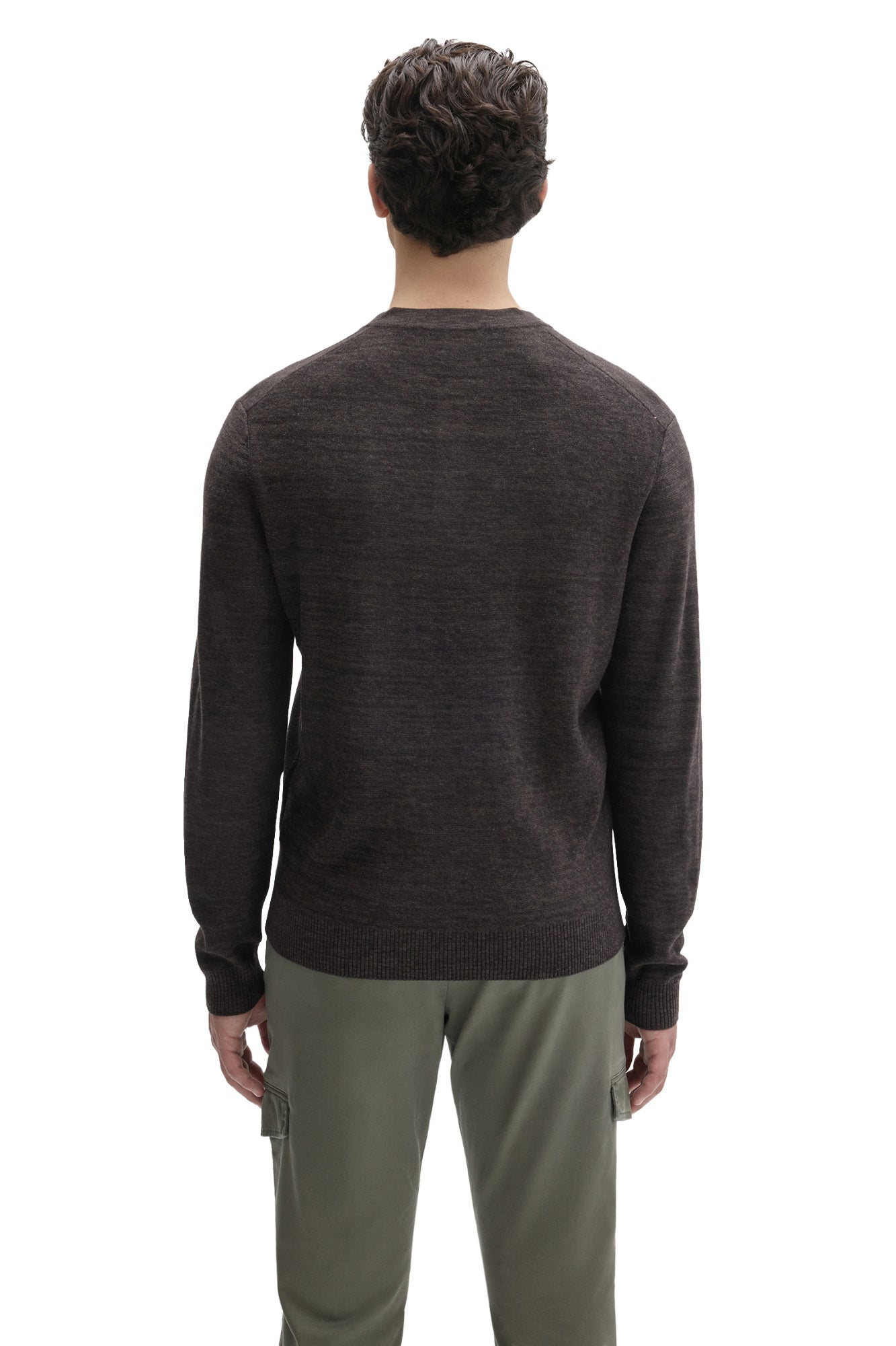 Robert Barakett men's dark brown knit long-sleeve henley sweater with ribbed hem and cuffs shown from the back