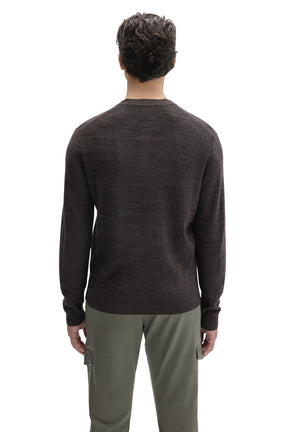 Robert Barakett men's dark brown knit long-sleeve henley sweater with ribbed hem and cuffs shown from the back