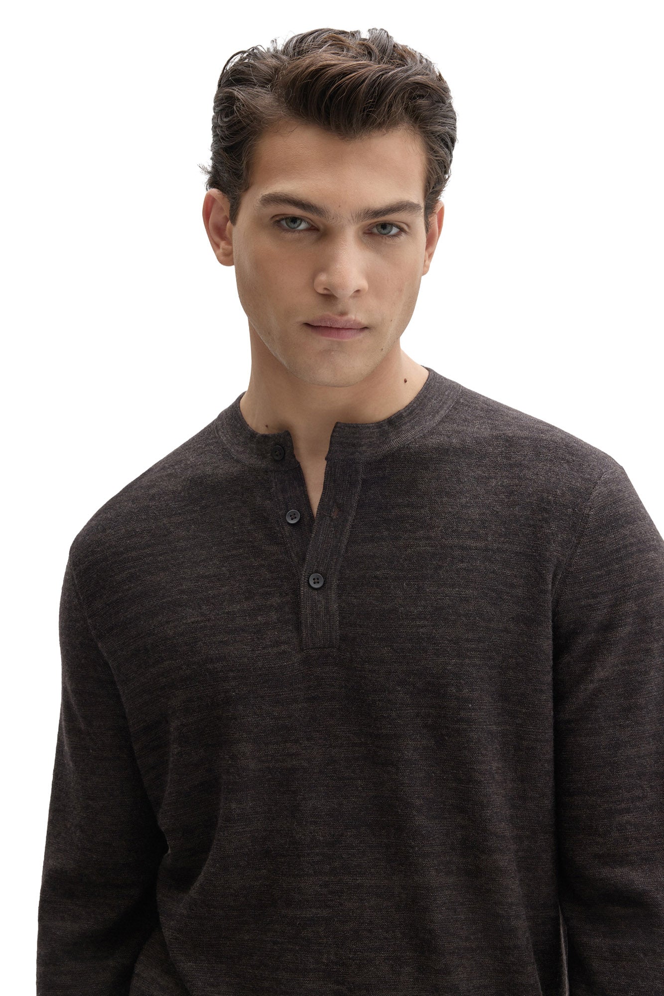 Robert Barakett men's close front view of dark brown Henley long-sleeve henley sweater showing banded neckline
