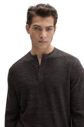 Robert Barakett men's close front view of dark brown Henley long-sleeve henley sweater showing banded neckline